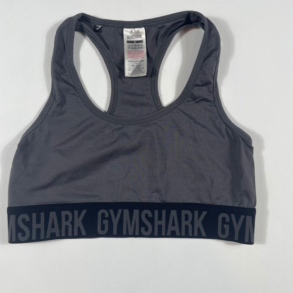 Gymshark Sports Bra Womens Medium Racerback Logo‎ Band Charcoal Gray GLSB3266